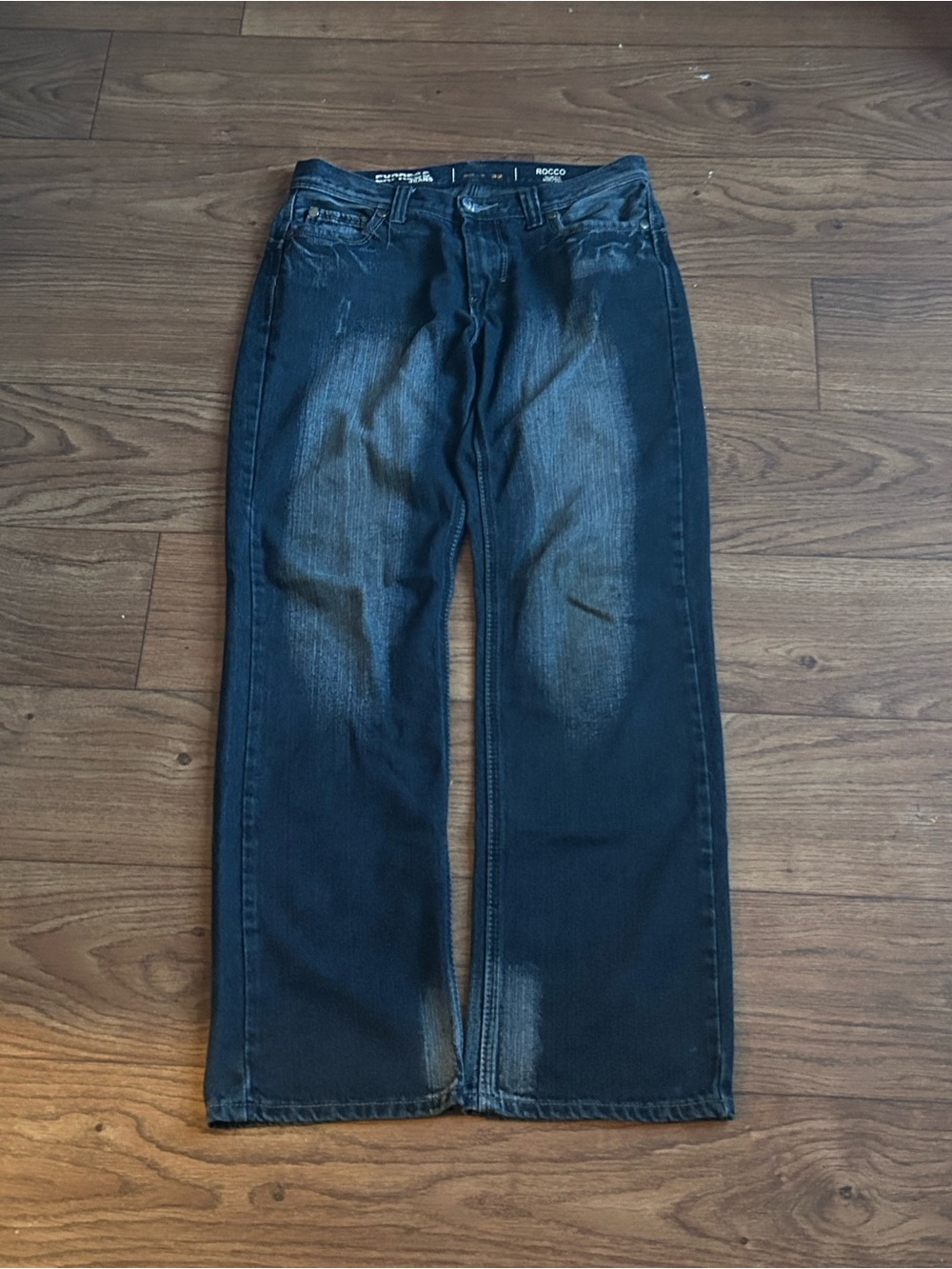 Express Men's Dark Indigo Bootcut Jeans with Faded Whiskering